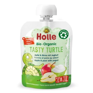 MUS SMACZNY ŻÓŁWIK (JABŁKO - GRUSZKA - JOGURT) BEZ DODATKU CUKRÓW OD 8 MIESIĄCA BIO 85 g - HOLLE