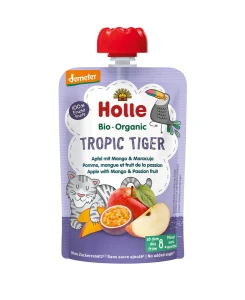 MUS TROPIKALNY TYGRYSEK (JABŁKO - MANGO - MARAKUJA) BEZ DODATKU CUKRÓW OD 8 MIESIĄCA DEMETER BIO 100 g - HOLLE