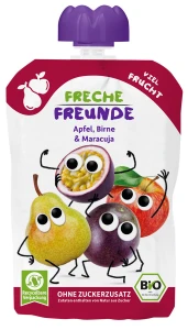 MUS JABŁKO - GRUSZKA - MARAKUJA BEZ DODATKU CUKRÓW BEZGLUTENOWY OD 6 MIESIĄCA BIO 100 g - FRECHE FREUNDE
