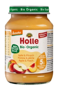 JABŁKO - BRZOSKWINIA BEZ DODATKU CUKRÓW BEZGLUTENOWE OD 5 MIESIĄCA DEMETER BIO 190 g (SŁOIK) - HOLLE